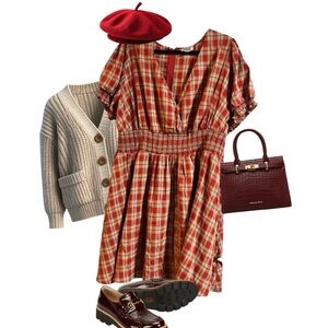 🍂 Unique Vintage Burnt Orange Plaid Smocked Waist Dress – Size 3X (20)